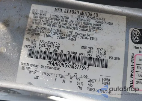 2010 Ford Fusion Se from USA, damaged, VIN 3FAHP0HG9AR377594